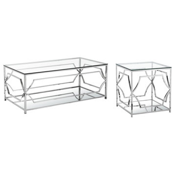 2-Piece Edward Rectangular Living Room Table Set, High Polish Steel