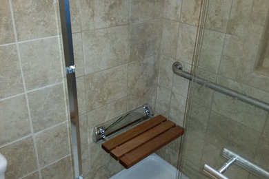 Mid-sized 3/4 beige tile and ceramic tile bathroom photo in Columbus with beige walls