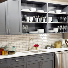 grey cabinets with subway tile