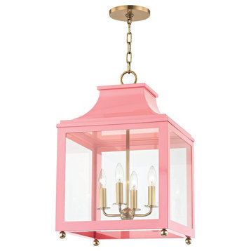 Leigh 4-Light Large Pendant, Aged Brass & Pink Finish, Clear Glass Panel