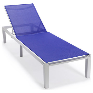 LeisureMod Marlin Patio Chaise Lounge Chair With White Frame, Navy Blue