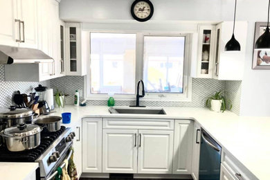Mid-sized transitional u-shaped vinyl floor and gray floor kitchen pantry photo in Other with a double-bowl sink, raised-panel cabinets, white cabinets, quartz countertops, white backsplash, ceramic backsplash, stainless steel appliances, a peninsula and white countertops