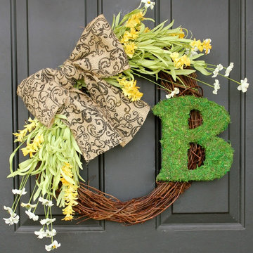 Brianna's Wreath Yellow and White flower tied with Burlap Bow and finished with