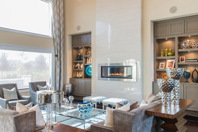 Large transitional formal and open concept porcelain tile and brown floor living room photo in Other with beige walls, a ribbon fireplace, a tile fireplace and no tv