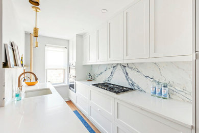 Inspiration for a mid-sized transitional galley kitchen pantry remodel in New York with shaker cabinets, white cabinets and a peninsula