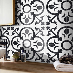 Moroccan Mosaic& Tile House - 8"x8" Nador Handmade Cement Tile, White/Black, Set of 12 - Wall And Floor Tile