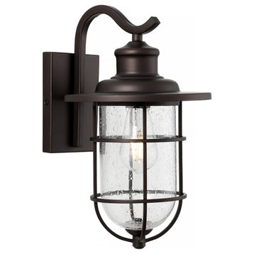 10.5" 1-Light Iron/Seeded Glass Rustic Cage Outdoor Lantern, Oil Rubbed Bronze