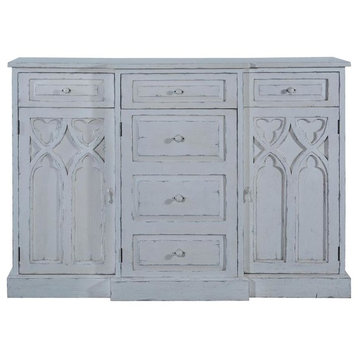 St Croix Console Cabinet Gothic Antiqued White Wood 3-Doors 3