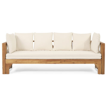 Camille Beach Outdoor Extendable Acacia Wood Daybed Sofa, Beige/Teak Finish