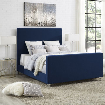 Posh Living Alex Linen Fabric Upholstered Platform King Bed Frame in Blue