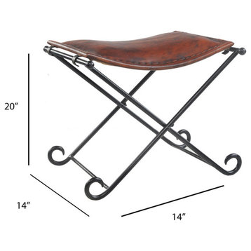 Brown Leather Industrial Accent Stool with Iron Legs