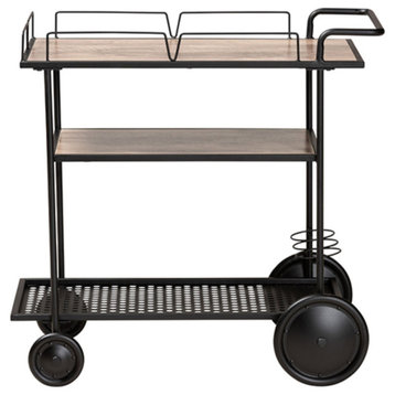 Modern Industrial Walnut Brown Finished Wood And Black Metal Mobile Wine Cart