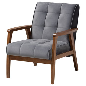 Westings Gray Velvet Fabric Walnut Wood Armchair