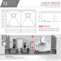 STYLISH 32 in Workstation Double Bowl Undermount Kitchen Sink with Accessories