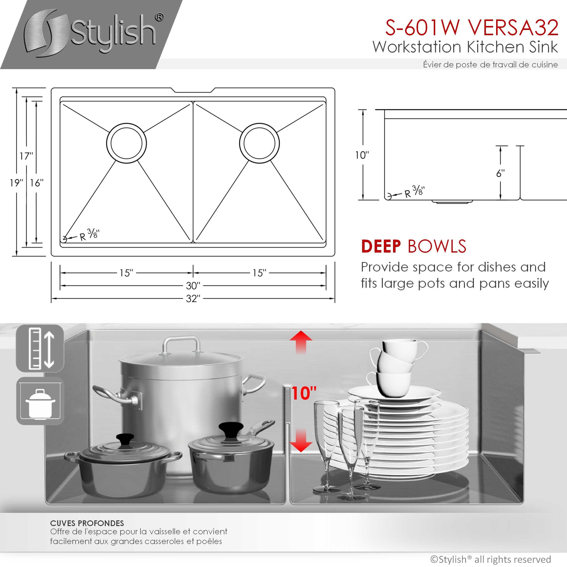 STYLISH 32 in Workstation Double Bowl Undermount Kitchen Sink with Accessories