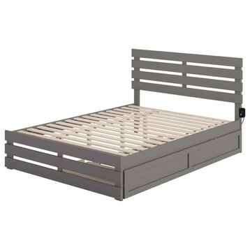 Queen Platform Bed With Trundle, Wooden Support and Slatted Headboard, Grey
