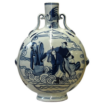 Chinese Blue White Porcelain Round Flat Body People Theme Vase Hws3001