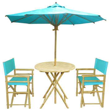 Bamboo Patio Set Of 2 Pottery Director Chairs And Round Table, Matching Umbrella