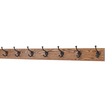 Solid Oak Wall Coat Rack, Bronze Hooks, Chestnut, 36"x3.5", 7-Hooks