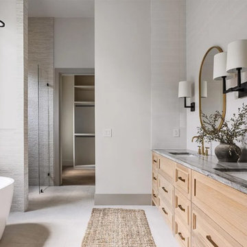 Sophisticated Neutral Bathroom with Dark Vanity + Mixed Metal Accents