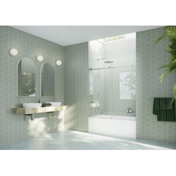 52-56"x60-Frameless Bath Tub Sliding Shower Door Square Hardware, Brushed Nickel