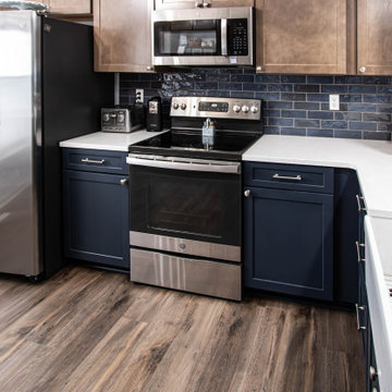 Two Tone Kitchen: Navy and Wood Kitchen with Carrara Wind Quartz Countertops