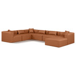 Meridian Furniture - Cube Upholstered Modular Sectional, Cognac, 7-Piece: 3 Armless Chair, 3 Corner Chair, 1 Ottoman, Vegan Leather - Elevate your space with the luxurious Cube Vegan Leather Modular Sectional. This modular sectional exudes modern elegance, charm, and comfort making it a perfect addition to any contemporary living space. Its clean lines and cube shape are reminiscent of minimalist design, while the plush cognac vegan leather upholstery adds a touch of luxury and sophistication. The chair's versatile construction and geometric aesthetic seamlessly integrate into various design styles, from sleek living rooms to chic home offices, embodying the essence of modern design and creating a sense of order and tranquility in your space.