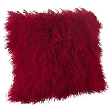 Mongolian Lamb Fur Poly Filled Throw Pillow, Red, 20"x20"