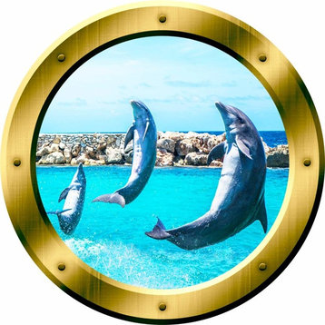VWAQ, Dolphins Porthole Porpoise Wall Decal, 14" Diameter