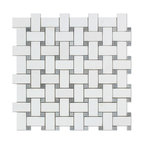 12"x12" Thassos White Greek Marble Honed Basketweave Mosaic Tile, Blue Dots