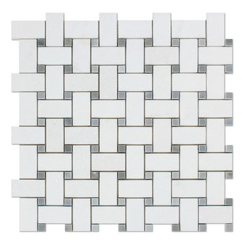 12"x12" Thassos White Greek Marble Honed Basketweave Mosaic Tile, Blue Dots