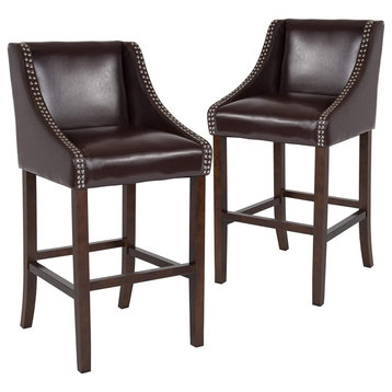 Set of 2 Elegant Bar Stool, Sloped Arms and Nailhead Trim, Brown Leathersoft