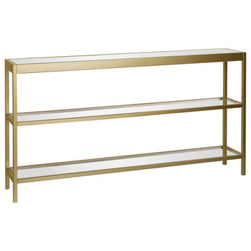 Contemporary Console Table, Large Design With 3 Glass Shelves, Brass