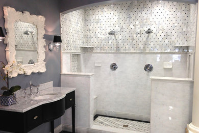 Photo of a mid-sized eclectic 3/4 bathroom in New York with black cabinets, a double shower, beige tile, gray tile, white tile, ceramic tile, grey walls, porcelain floors, an undermount sink and quartzite benchtops.