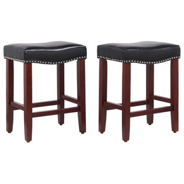 24" Upholstered Saddle Seat Counter Stool (Set of 2) in Black Leather