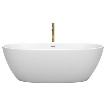 Juno 67" Freestanding Matte White Bathtub, Shiny White Trim & Gold Tub Filler