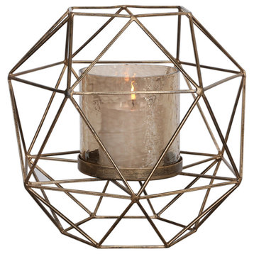Open Geometric Cage Pillar Candle Holder | Round Metal Gold Copper Bronze Round