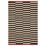 Bareens Designer Rugs - Contemporary Turkish Kilim Kenisha Hand-Woven Wool Rug - 5'7'' x 8'1'' - Elevate the elegance of your home with this stunning hand-woven tribal Kilim wool rug. Meticulously crafted on a loom by the Nomad Turkman people using hand-spun wool and 100% natural vegetable dyes, these rugs are recognized for their repetitive geometric patterns, incorporating naturalistic floral and traditional designs. The contemporary fashion palette results in bold, sharp patterns that are incredibly versatile, as the pattern is the same on both sides. These reversible rugs feature a lighter shade on one side and brighter colors on the other, providing versatility according to preference. These unique rugs are made by knotting short strands of different colors onto the warps and securing them by tightly pressing the wefts. The designs are created by interweaving the various colored wefts and warps. Kilims are known for their exceptional durability and versatility, making them truly unique rugs.  Product Details    Rug Size: 5'7'' x 8'1''  Material: 100% Wool  Style: Kilim, Flat Weave, Dhurrie, Turkish, Southwestern, Rustic, Tribal  Colors: Beige, Black  Weave Type: Hand-Woven, Handmade  Pile Height: Less than 0.25 inch