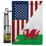 Breeze Decor - US Wales Friendship Flags of the World US Friendship Garden Flag Set - US Friendship Beautiful Mini Garden Flag with Metal Garden Banner Pole Stand - Complete Set with Garden Pole - 16" x 40" Power Coated Metal Flag Stand