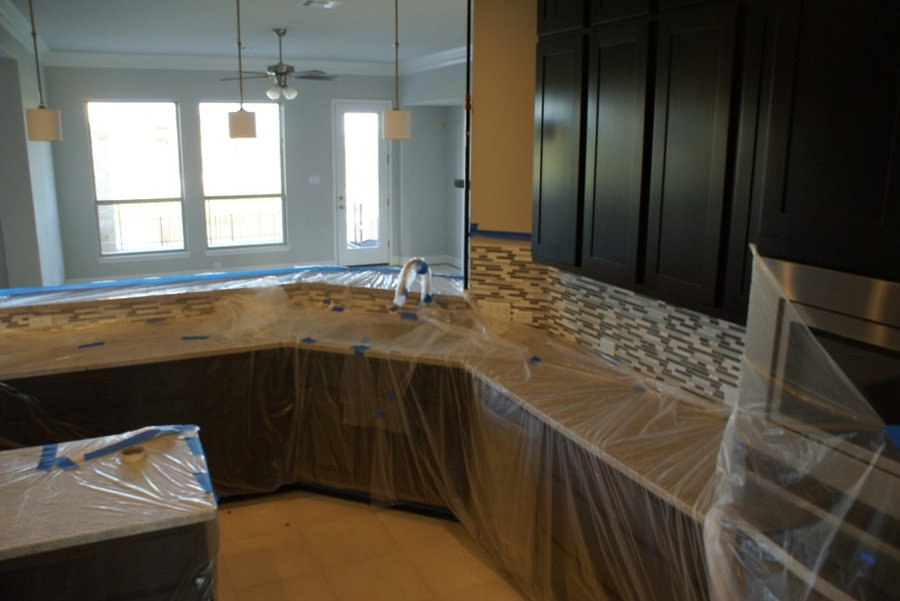 Glass tile, Engineered wood and stacked stone