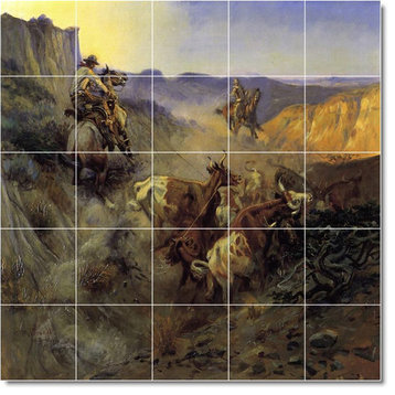 Charles Russell Western Painting Ceramic Tile Mural #52, 21.25"x21.25"
