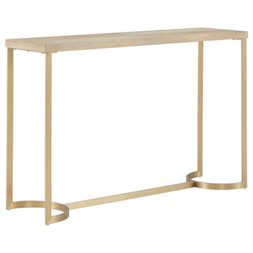 Glam Console Table, Trestle Like Shiny Gold Metal Base With Natural Wooden Top