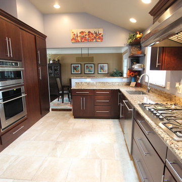 Transitional Cherry Kitchen with Tempered Rain Glass Backsplash