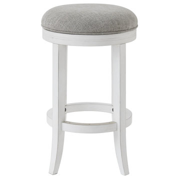 Counter-Height Wood Backless Barstool With  Gray Swivel Seat, White Frame