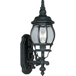 Progress Lighting - 1-Light Wall Lantern With Clear BeveLED Glass Curved Panels, Textured Black - Detailed finials, end caps and scroll work in a durable power coat finish, featuring clear beveled glass panels and cast aluminum frames. One-light wall lantern.