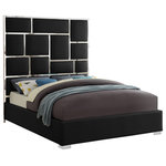 Meridian Furniture - Milan Faux Leather Bed, Black, King - Make this Milan black vegan leather king bed the center showpiece in your bedroom makeover. This elegant bed has a bold look with its super-tall headboard that's divided up into subway blocks for a slightly industrial feel. Chromed metal against the soft and durable black vegan leather adds a stunning feel to this bed. Additional leather wraps its way all around the sides of the bed for a finished and tailored presentation that turns heads and makes your bed the star of the show.