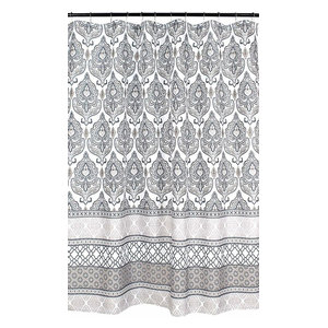 CHD Teal Grey White Canvas Fabric Shower Curtain Floral Damask Geometric Border