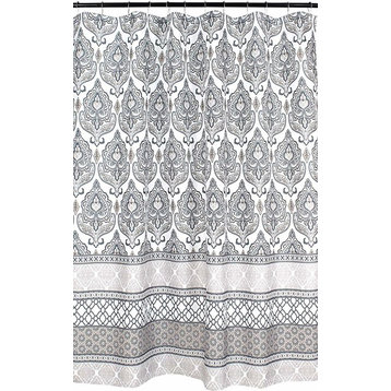 Charcoal Grey Tan White Fabric Shower Curtain: Floral Damask Geometric Border