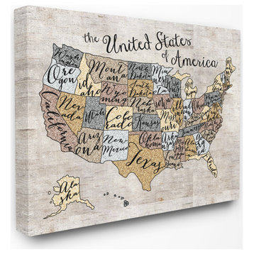 Stupell Industries United States Map Typography Art, 16"x20", Canvas Wall Art