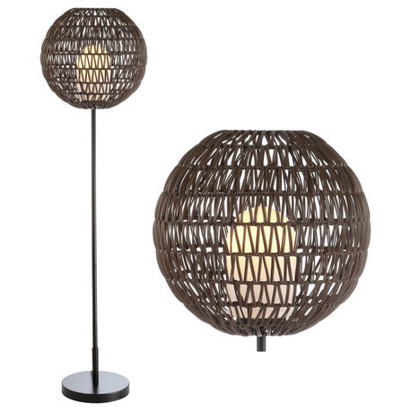 Bea 61" Outdoor Woven Globe LED Floor Lamp, Coffee and Black